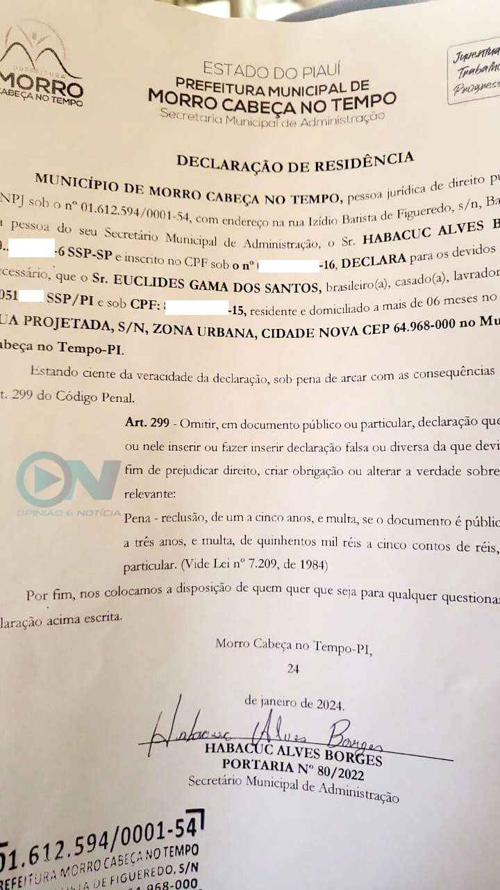 Secretário é acusado de forjar endereços para beneficiar Prefeito de Morro Cabeça no Tempo